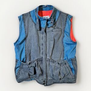 Vintage 80s 90s Denim Vest Made in Taiwan Utility Workwear Zip Front Medium